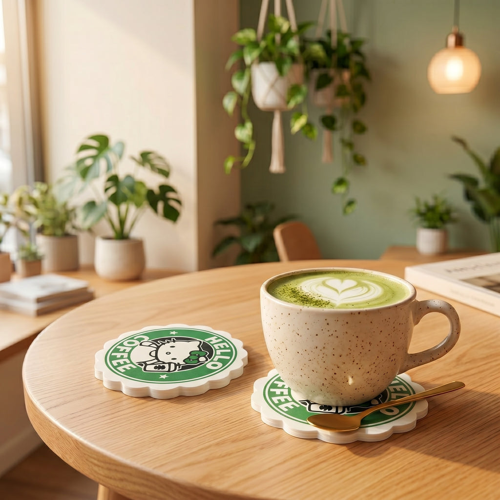 Hello Coffee Coasters – Set of 4 with base