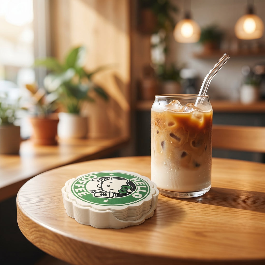 Hello Coffee Coasters – Set of 4 with base