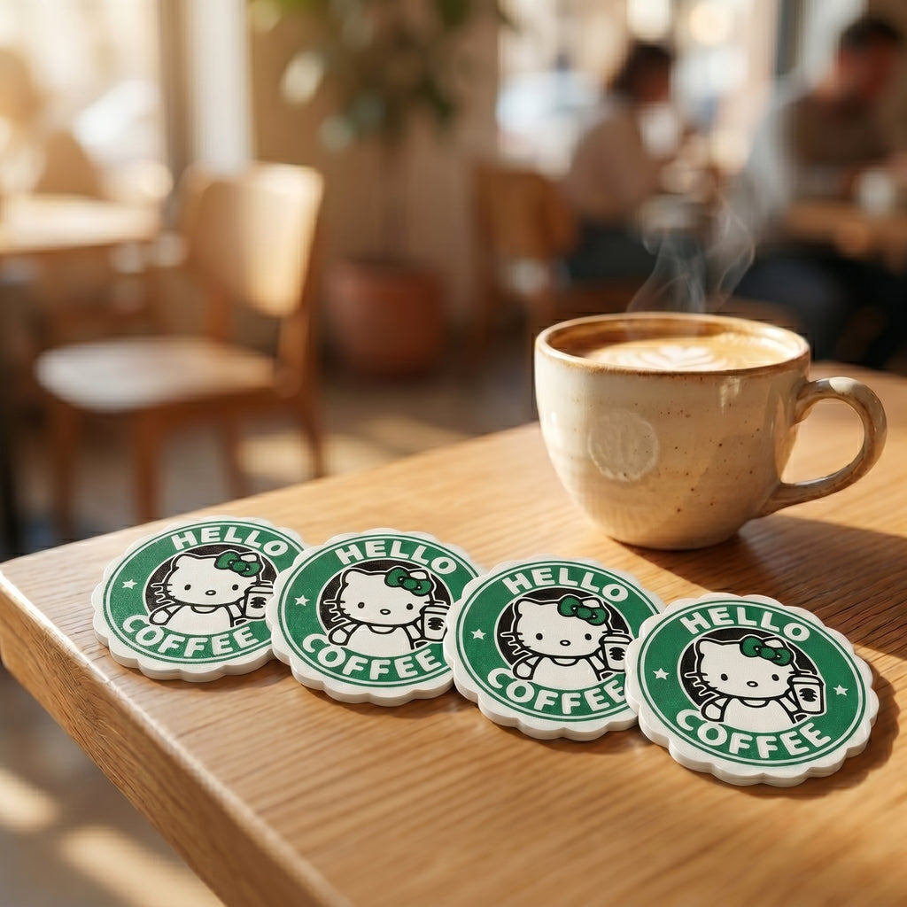 Hello Coffee Coasters – Set of 4 with base