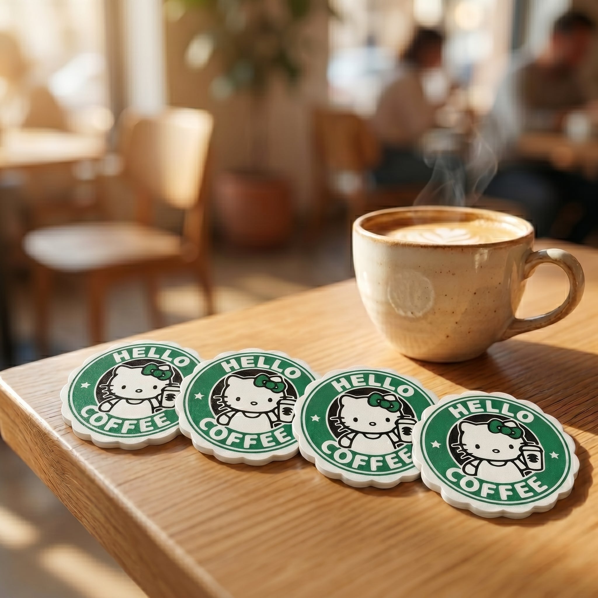 Hello Coffee Coasters – Set of 4 with base